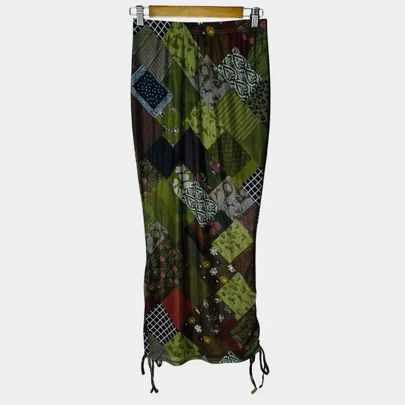 Patchwork Mesh Maxi Skirt Medium Indie 90s‎ Earthy Boho Fairy Grunge Artsy - Picture 2 of 11